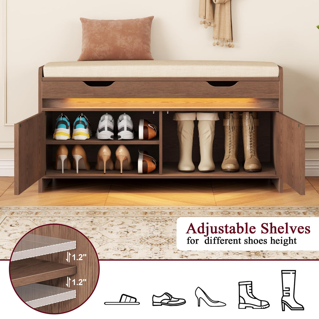 Shoe Storage Bench, Modern Entryway Bench with Fluted Doors & Built-in LED Sensor Light, Wooden Shoe Bench with