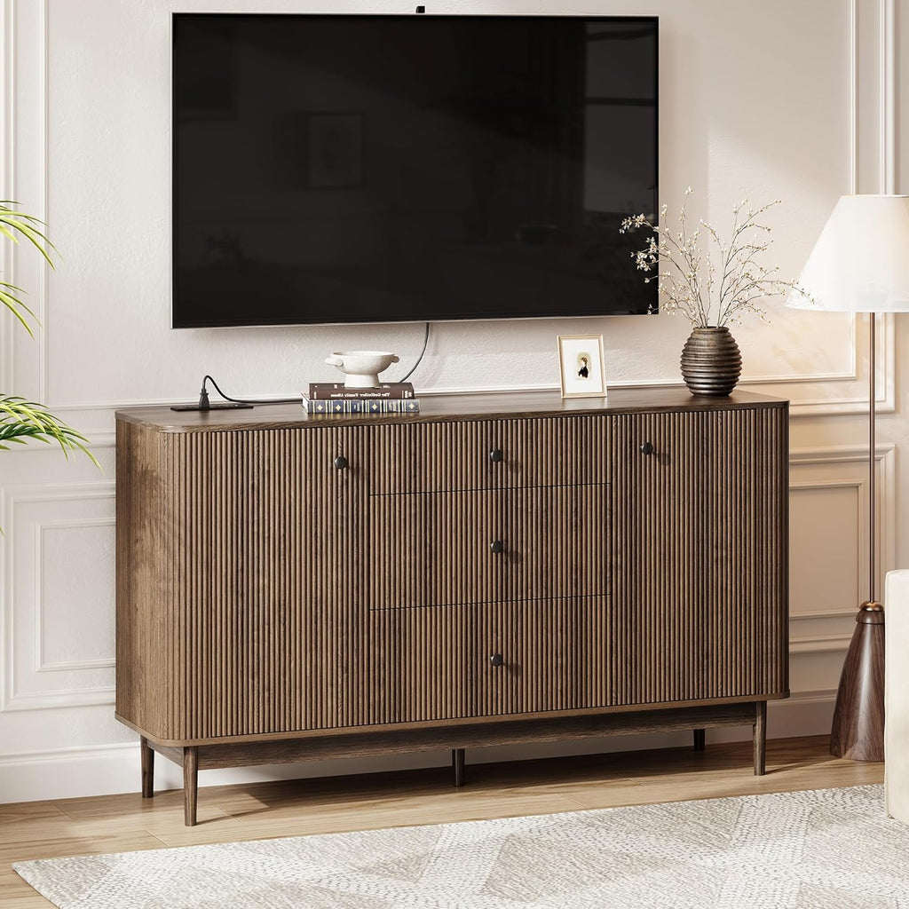 59" Buffet Cabinet with Drawers, Large Fluted Sideboard Buffet Storage Cabinet with Charging Station