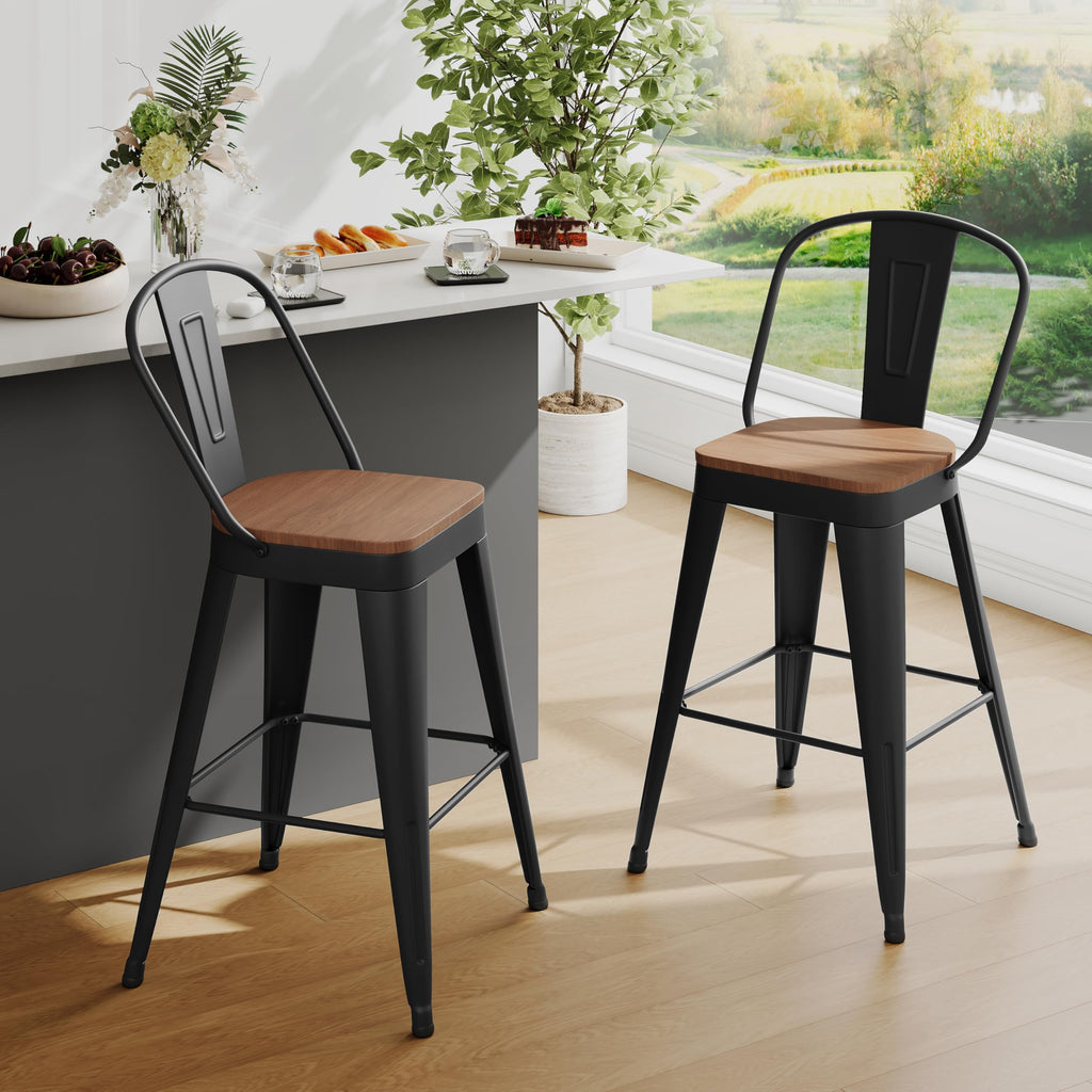 Metal Bar Stools Set of 2, 24" Counter Height with Backs, Black