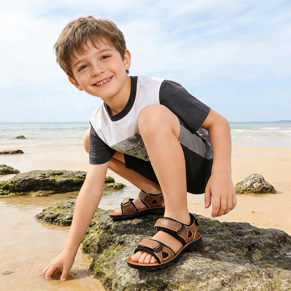 Boys Girls Leather Sandals Summer Athletic Hiking Beach Outdoor Open toe Adjustable Straps Sports Sandals for Kids