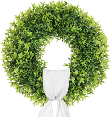 22 Inch Artificial Boxwood Wreaths for Front Door with Sash Outdoor Summer Wreath for Front Door, Spring Green Wreath