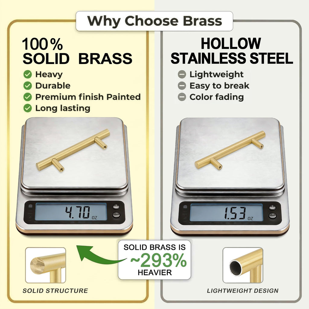 Solid Brass Cabinet Pulls, Brushed Gold Drawer Handles 3