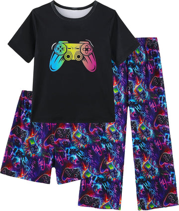 Boys Pajamas 3 Piece Summer Sleepwear Soft Short Sleeves Shorts Set & Long Pants Cool PJs
