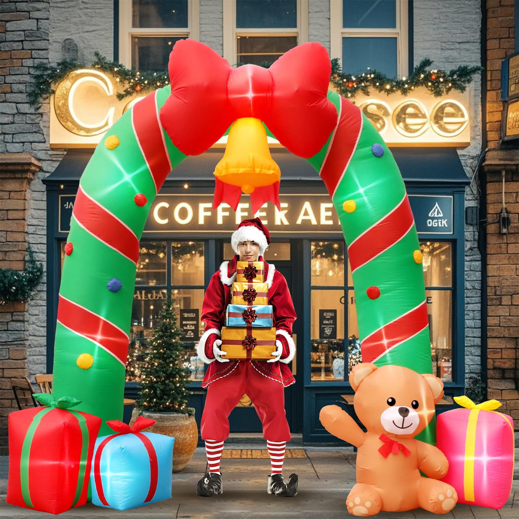 10FT Christmas Inflatable Outdoor Decorations Candy Cane Christmas Archway Inflatables with Bow Bells Bear Gift Box