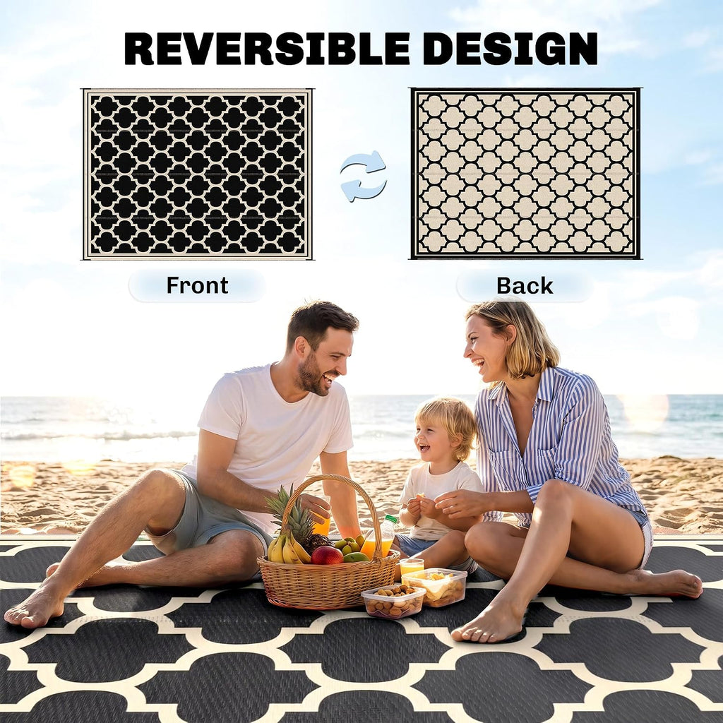 9' x 12' Reversible Outdoor Rug, Black & Beige