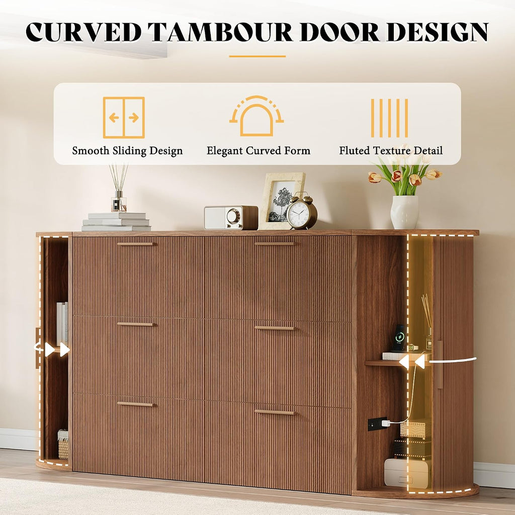 Full Murphy Bed with Storage Bedside Shelves & Sliding Tambour Door, Modern Cabinet Bed with Charging Station &