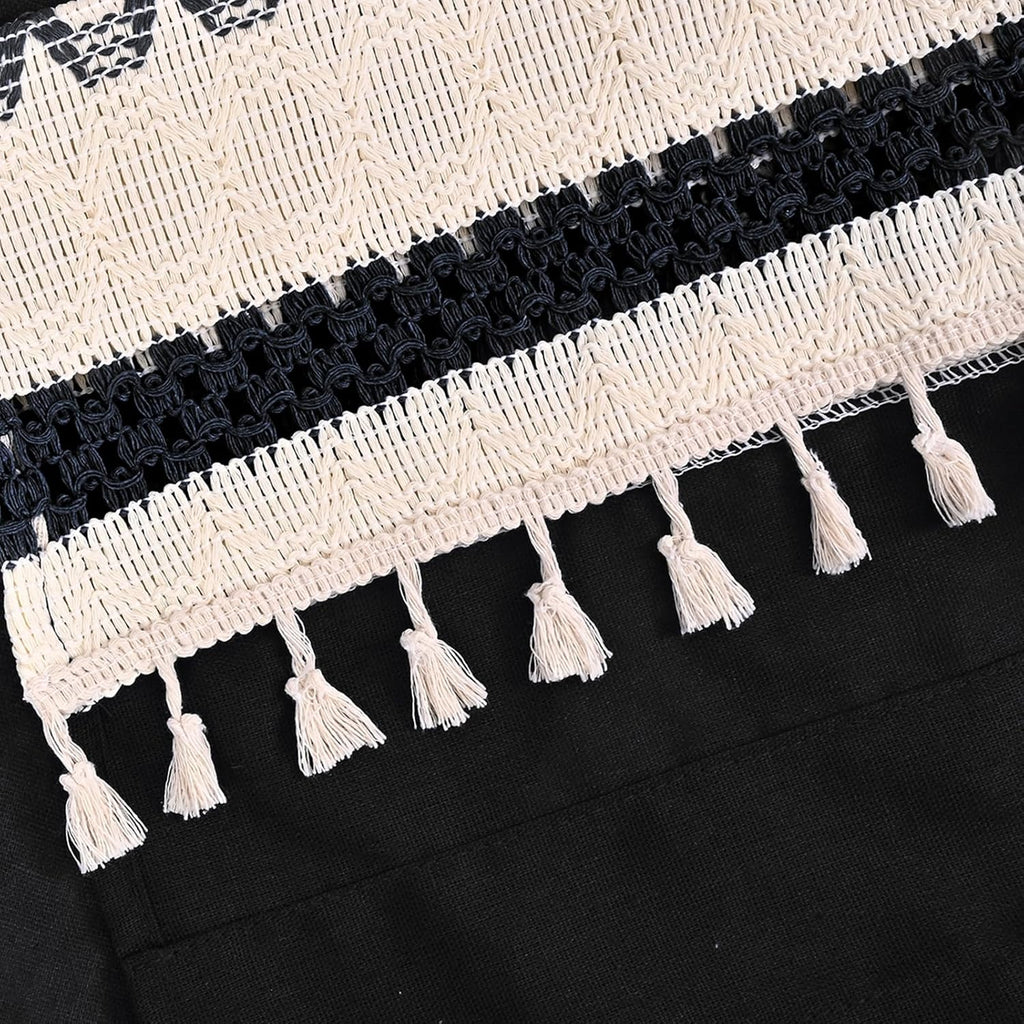 Farmhouse Linen Valance for Windows Boho Crochet Short Curtain with Tassel Country Black Valance for Kitchen Light