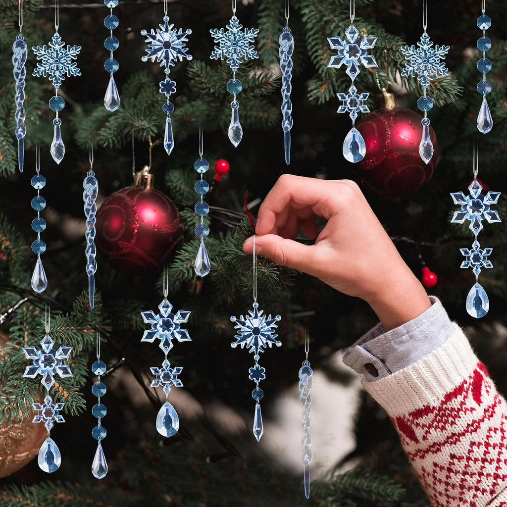 Crystal Christmas Tree Ornaments, Blue Acrylic Snowflake & Icicle - Set of 18