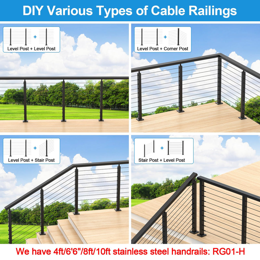 36" Stair Cable Railing Post for 25-35° Stairs, Surface Mount Adjustable Top Stair Post, Cable Railing Kits for Deck