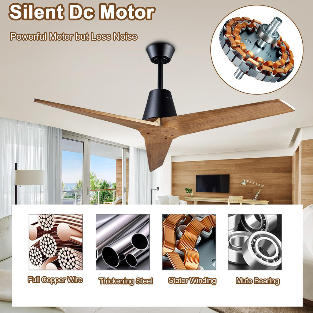 52 Inch Solid Wood 3 Blades Outdoor Ceiling Fan No Light DC Remote Control