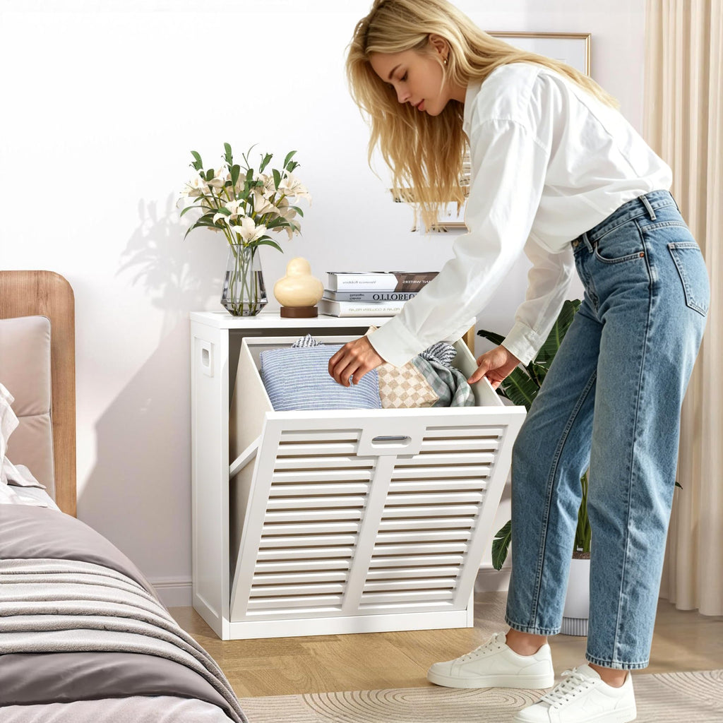 Tilt Out Laundry Hamper, Bamboo Laundry Cabinet with Hidden Removable Basket,Dirty Clothes Storage Organizer , White