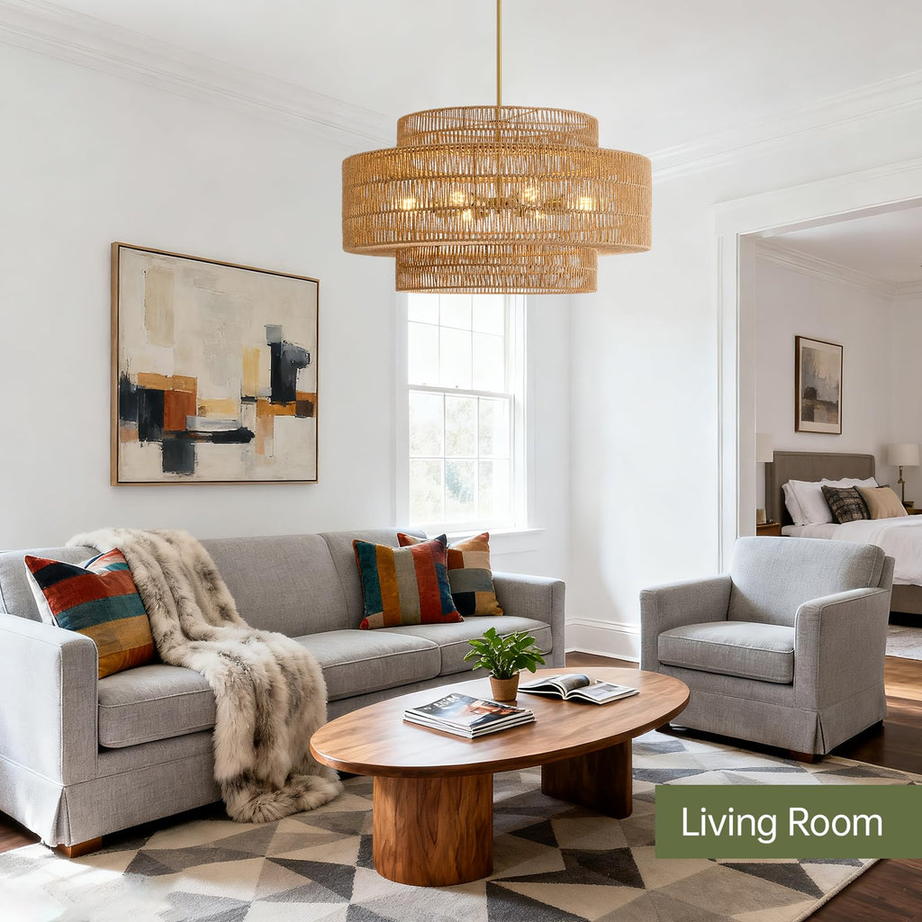 30" Rattan Chandelier, Large Boho Pendant Light