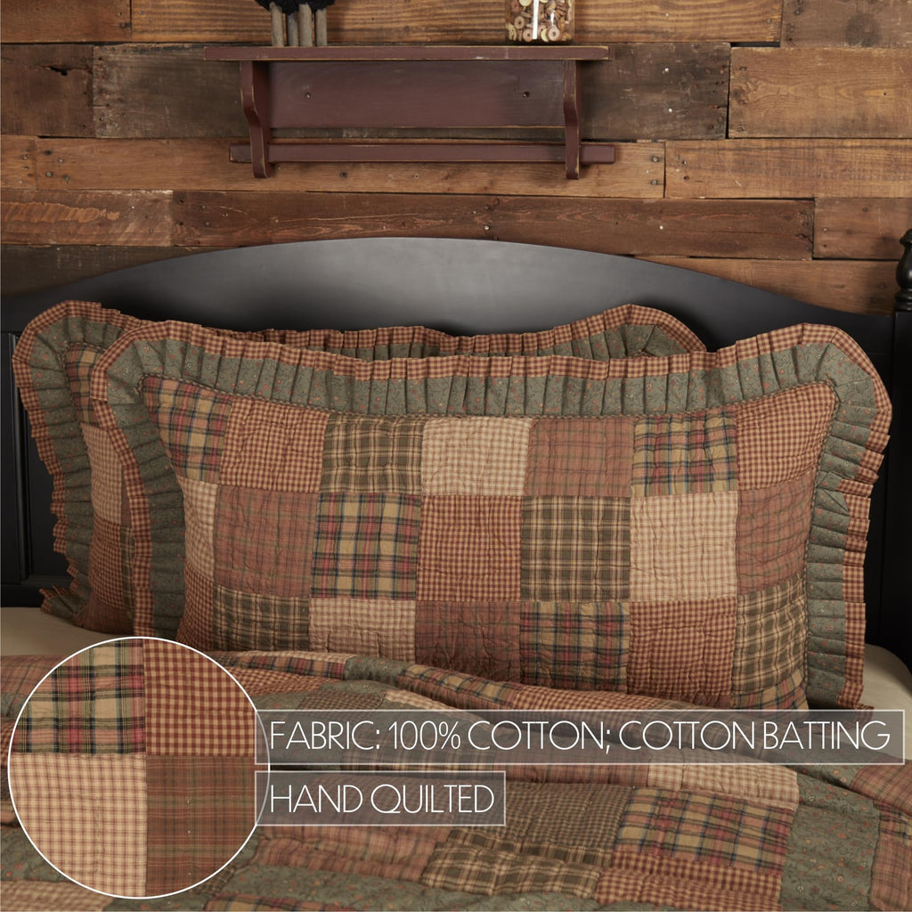 Primitive Bedding Cinnamon Plaid Cotton Hand Quilted Patchwork King Sham, Dark Olive Green