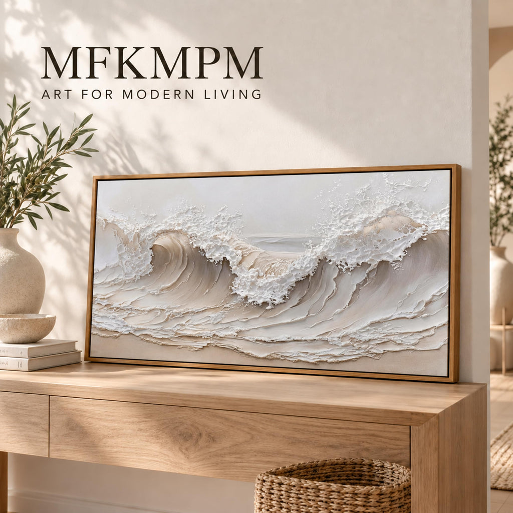 Neutral Ocean Wave Wall Art, Framed Textured Canvas, 16x32 Inch