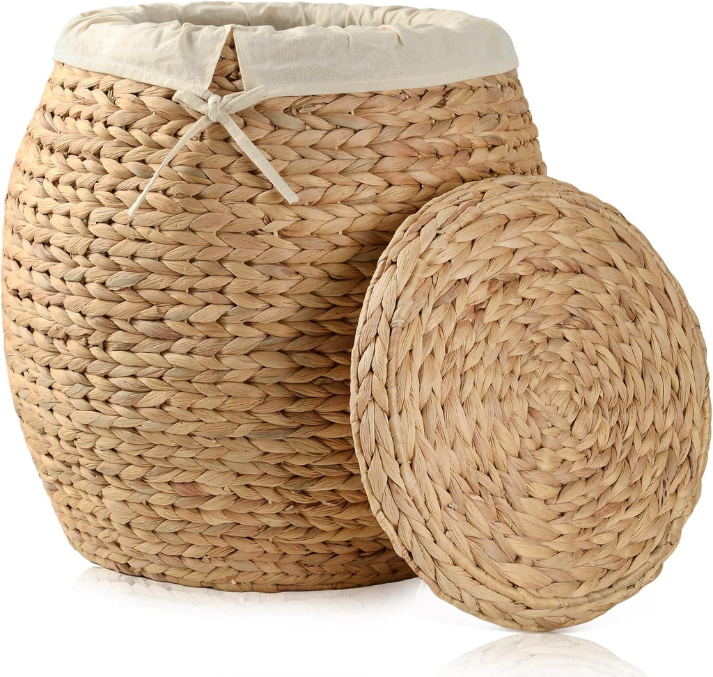 Wicker Basket with Lid Decorative Storage - Large Blanket Basket , Plants, Organization, Handwoven Water Hyacinth