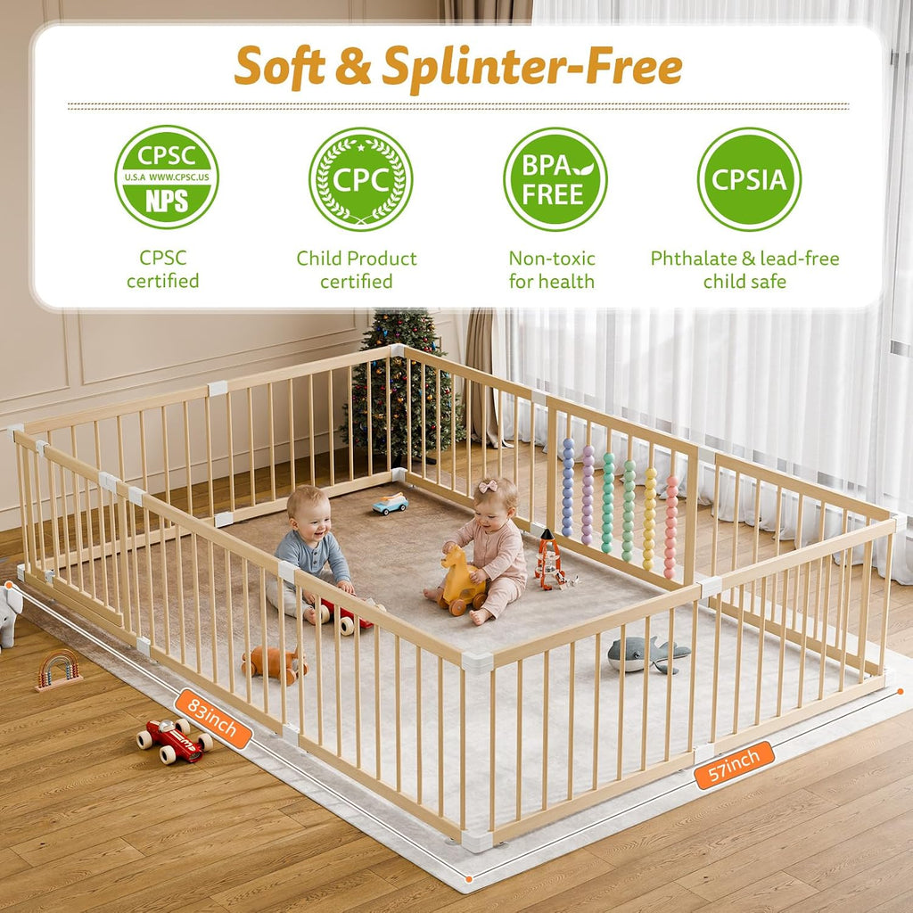 Wooden Baby Playpen, 10 Panels Fence for Babies and Toddlers 83"×57" | Size Adjustable Baby Play Yard with Locking