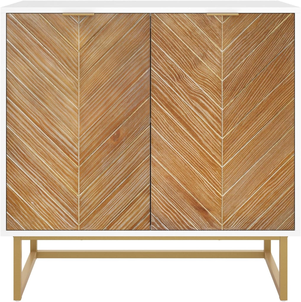 Enloe Modern Storage Free Standing Accent Cabinet White with Doors in a Rustic Pine Wood Finish and Gold