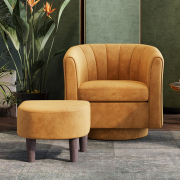 Swivel Accent Chair with Ottoman: Small Velvet Barrel Chair 360 Swivel Modern Armchair, Upholstered Reading Chair