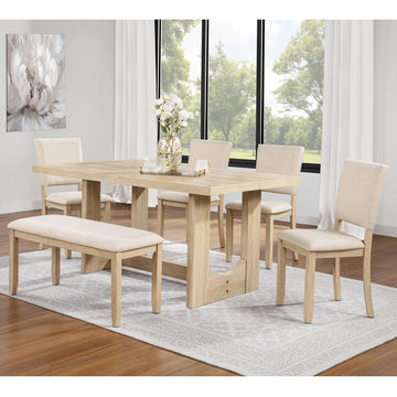 6 Piece Dining Table Set with Bench, Wooden Rectangular Kitchen Table Set with Bench and 4 Upholstered Chairs