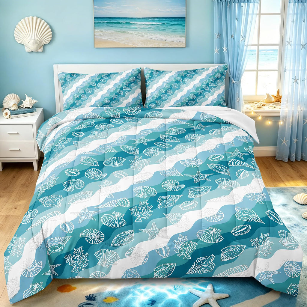 Teal Ocean Waves Comforter Set Seashells and Starfish Bedding Coastal Beach Theme 1 Comforter with 1
