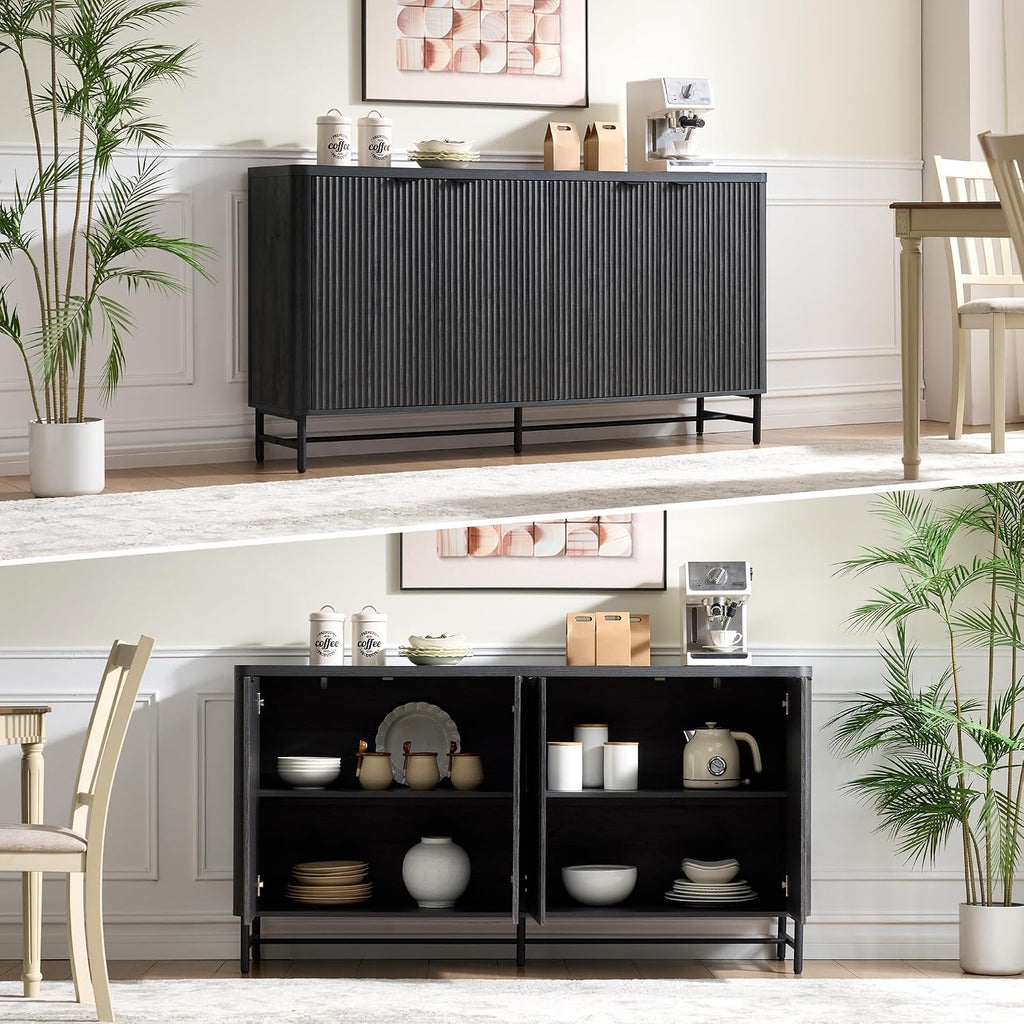 65" Buffet Cabinet with Storage, Fluted Credenza Sideboard with 4 Doors & Adjustable Shelves, Large Coffee Bar