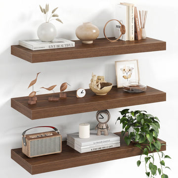 24 Inch Floating Shelves - 8 Inch Deep Rustic Walnut Wooden Wall Shelves - Extra Deeper & Thicker Wall Mounted