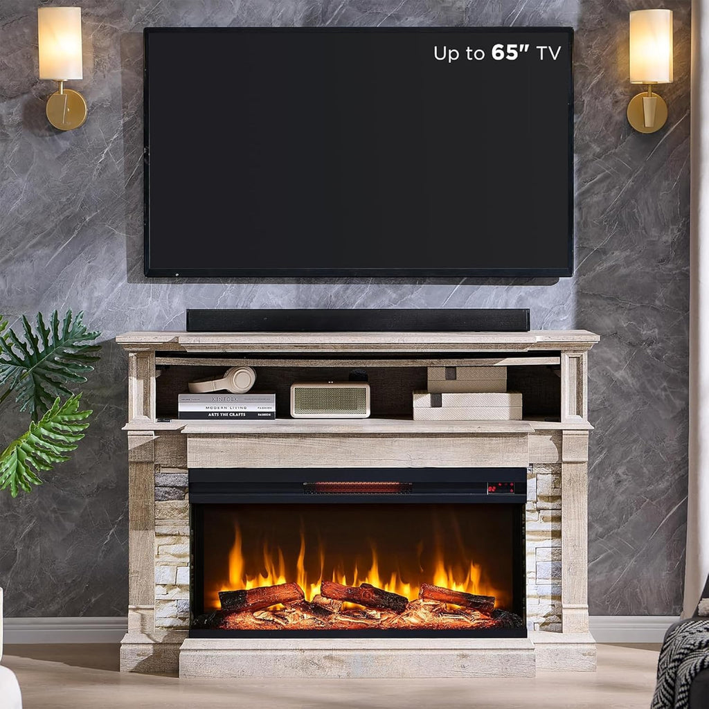 52" Electric Fireplace with Mantel, Freestanding Fireplace Heater TV Stand with 36" 3-Side Glass Insert for TVs Up to