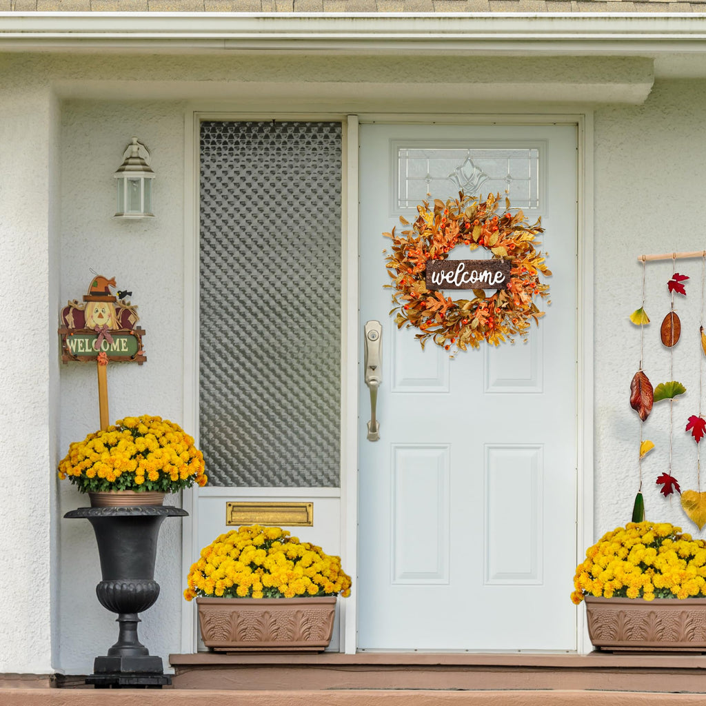 Artificial Fall Wreath - 18'' Autumn Front Door Wreath with Fall Leaves, Small Pumpkins, Cluster of Berries for