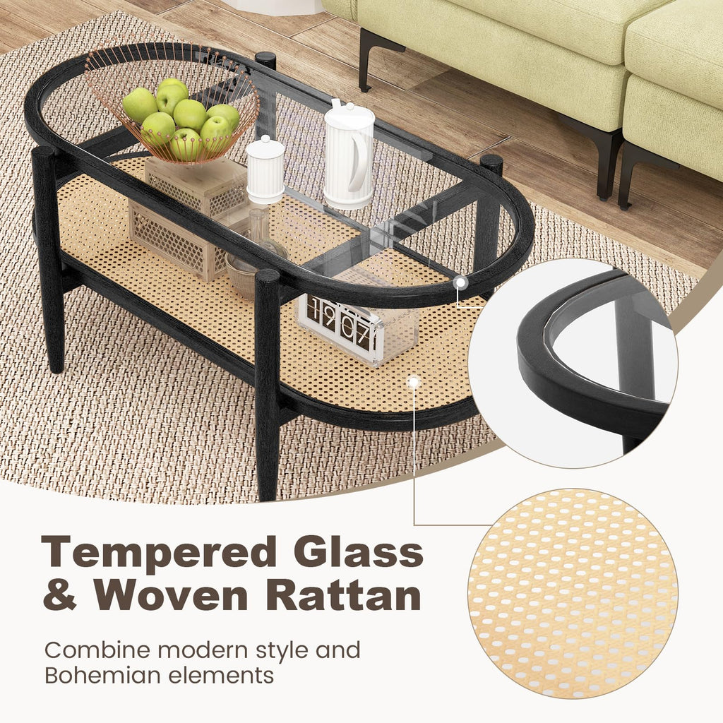 Oval 2-Tier Rattan Coffee Table with Curved Wood Frame (Black)