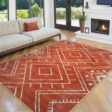 Western 5x7 Area Rug, Washable Orange Rugs Bedroom, Soft Non Slip Moroccan Tribal Rug Geometric Boho Area Rugs
