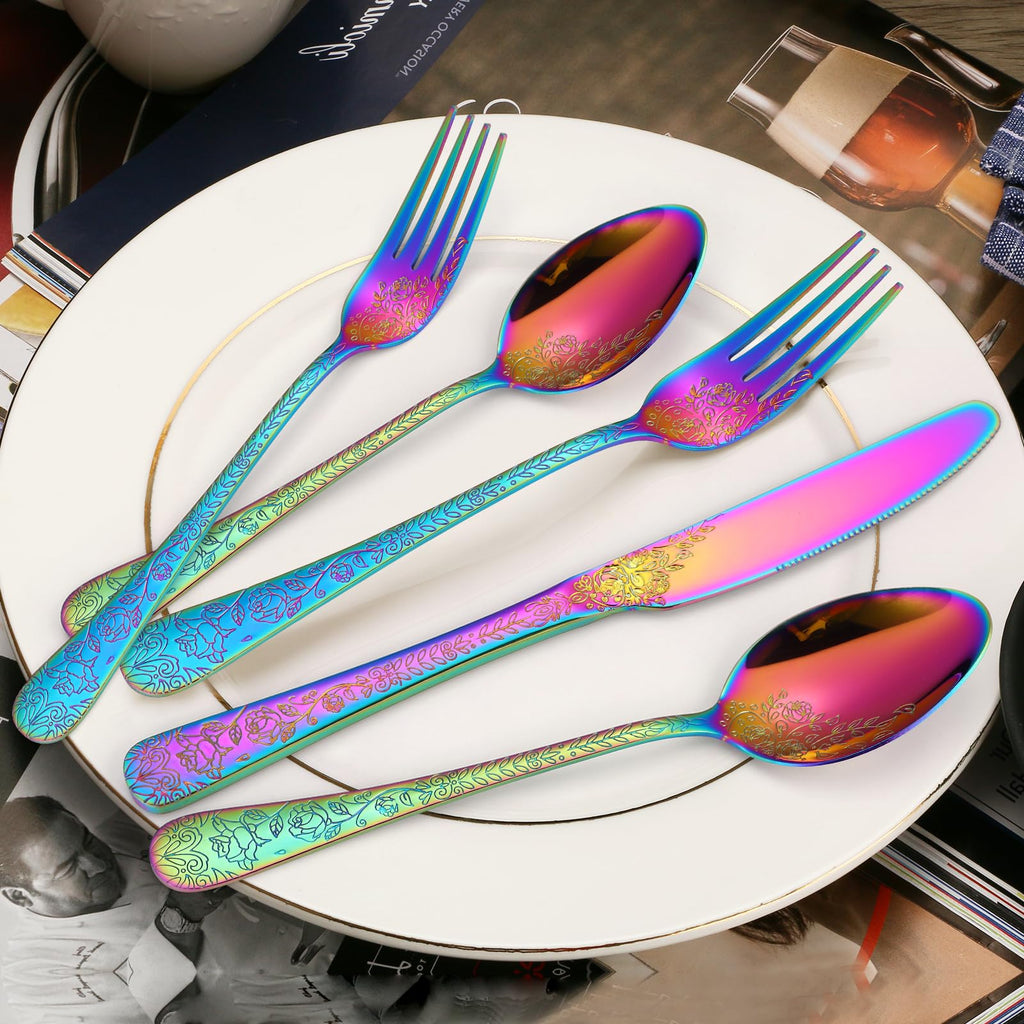 Embossed Flatware Set Rainbow 30 Piece Stainless Steel Silverware for 6 Cutlery with Floral Design Eating Utensils