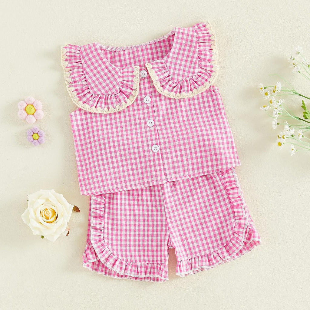 Toddler Baby Girl Summer Outfit Peter Pan Collar Sleeveless Vest Tank Top Ruffles Gingham Shorts Set Summer Clothes