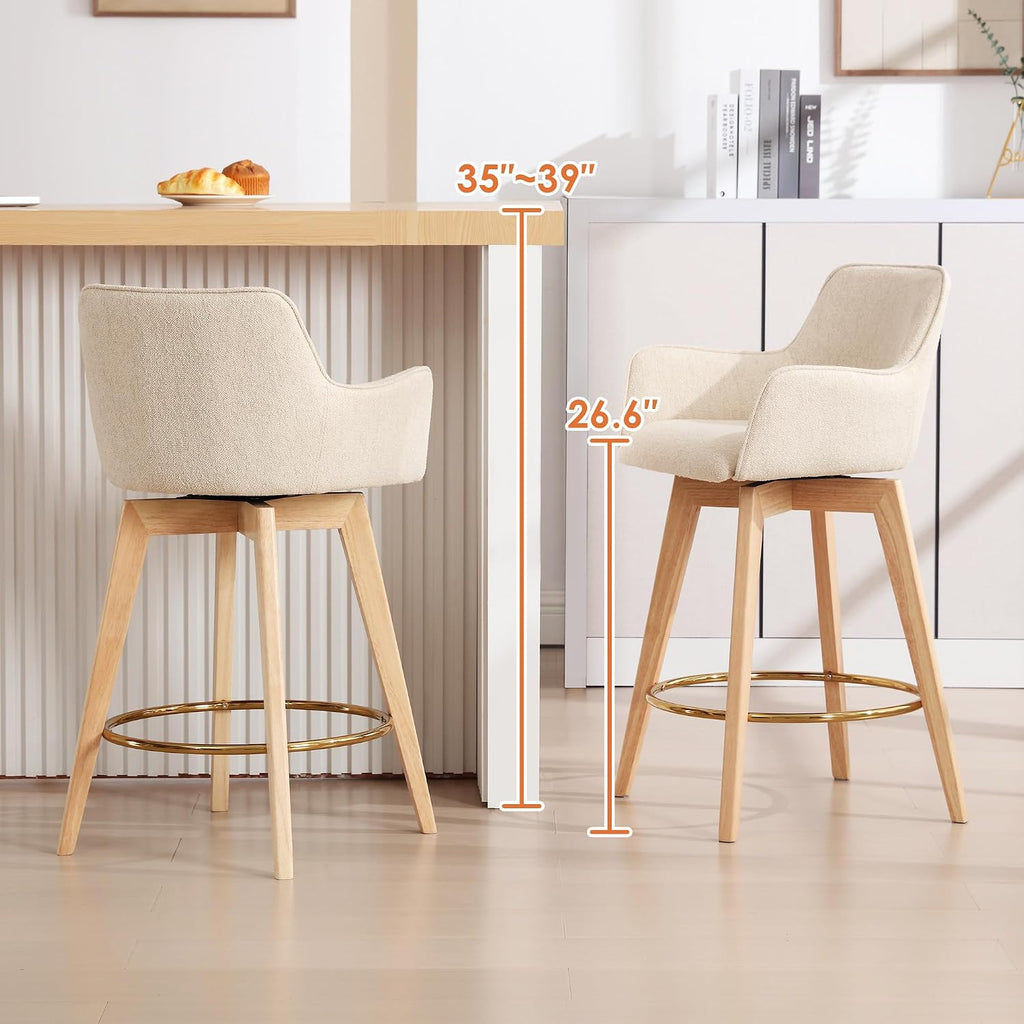Modern 26" Bar Stools Counter Height Set of 2, Swivel Kitchen Island Tall Chairs with Back, Arm, Footrest and Solid