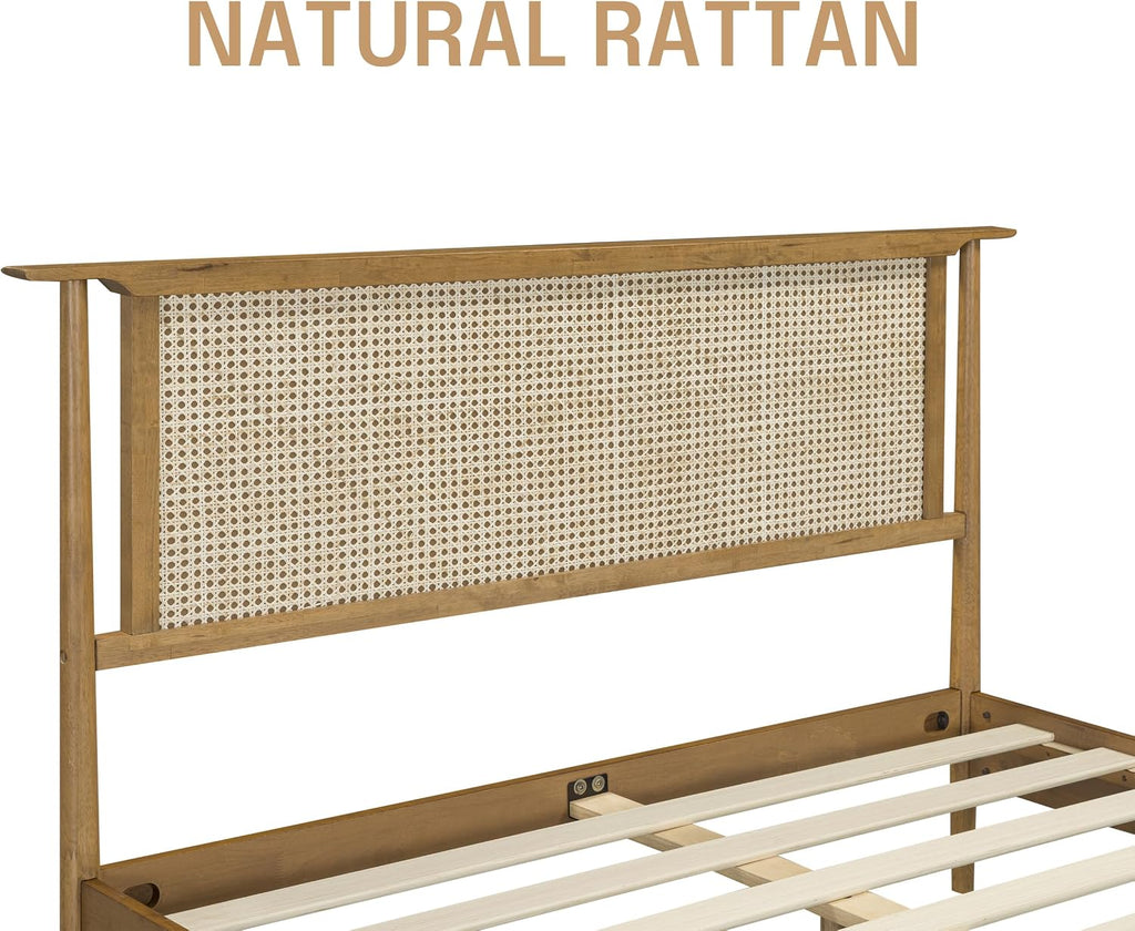 Ruby Wooden Bed Frame with Headboard and Natural Rattan, Solid Oak/Rubber Wood Foundation with Silent Slats, 1000 Lb