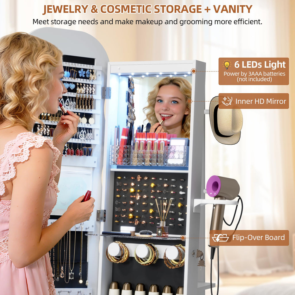 LED Mirror Jewelry Cabinet Standing, 360° Swivel, White
