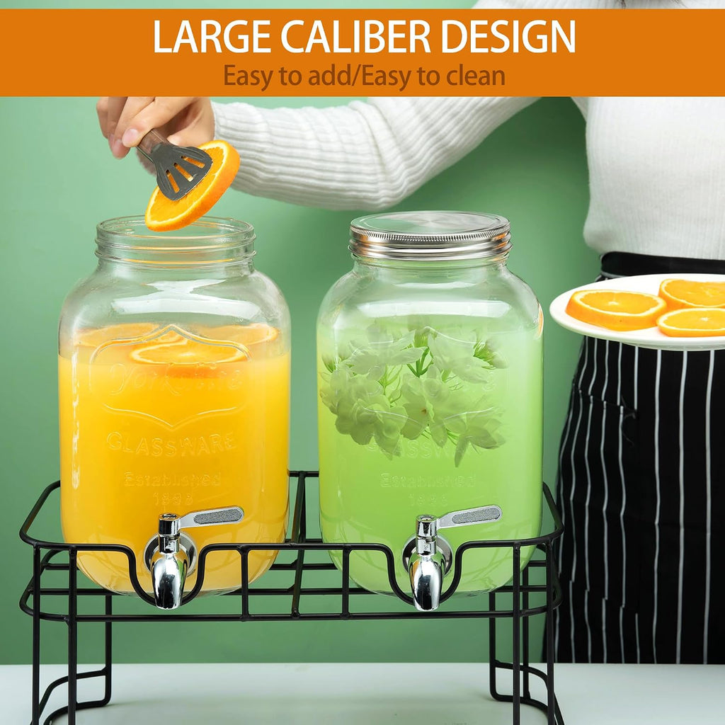 Gallon for Parties, 2PACK Beverage Dispenser with Stand, Ice Cylinder and Stainless Steel Spigot 100% Leakproof - Set of 2