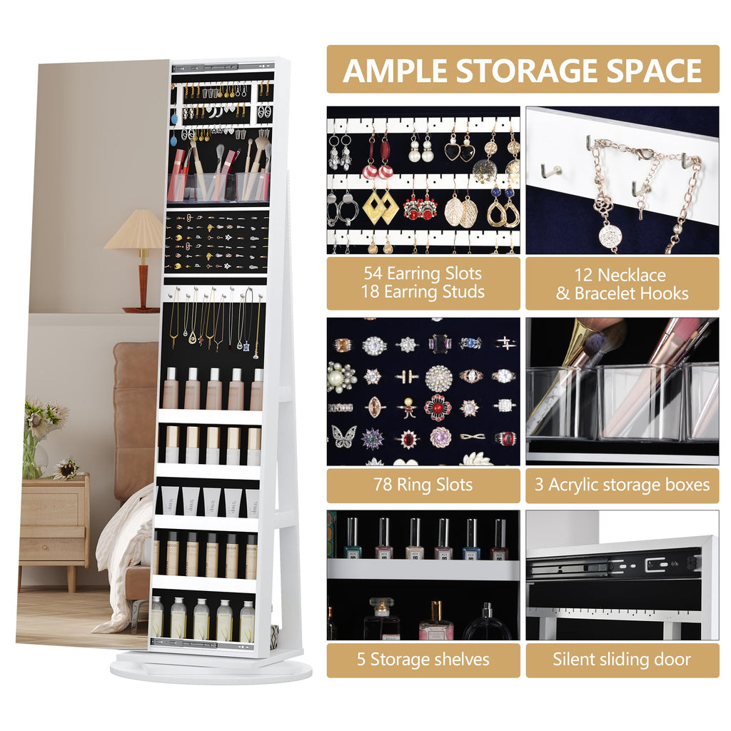Standing Jewelry Cabinet with Sliding Full Length Mirror, White