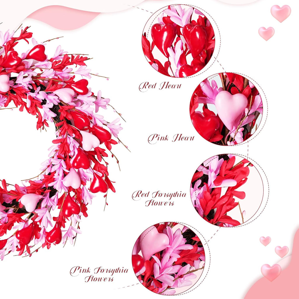 24'' Valentine's Day Wreath for Front Door, Handmade Spring Flower Garland with Red Berries and Pink Love Heart