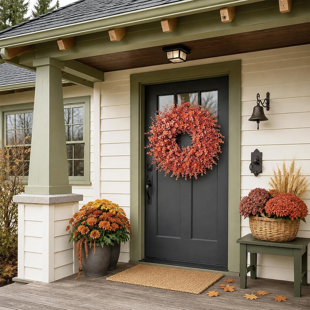 26" Artificial Fall Eucalyptus Wreath for Front Door Decoration (Orange)