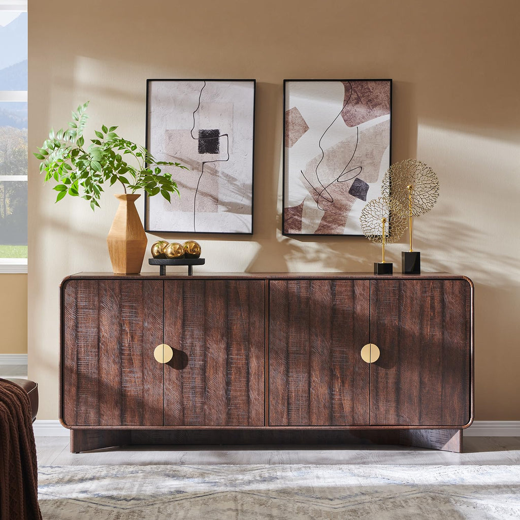 70" Modern TV Stand with Storage, Wood Curved TV Console, Dark Walnut