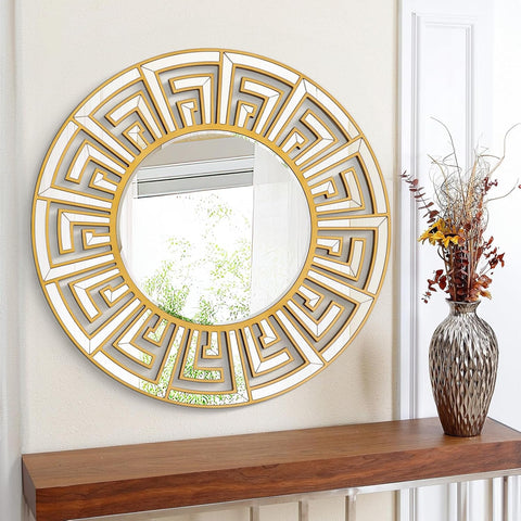 31.5"x31.5" Gold Round Mirror with Decorative Geometric Pattern, Accent Wall Mounted Mirror for Modern Living Room