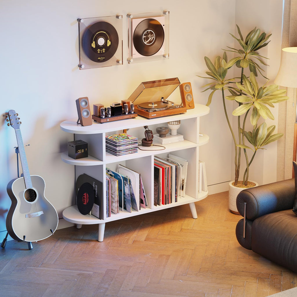 Large Round Record Player Stand, Wood Record Storage Cabinet, Vinyl Record Holder with Display Area, Mid Century