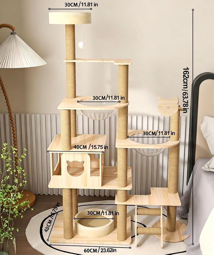 63.7-Inch Cat Tree for Indoor Cats Large Adult, 2 Space Capsule, 12 Sisal Scratching Posts, Top Perch, Toy Balls, Plush