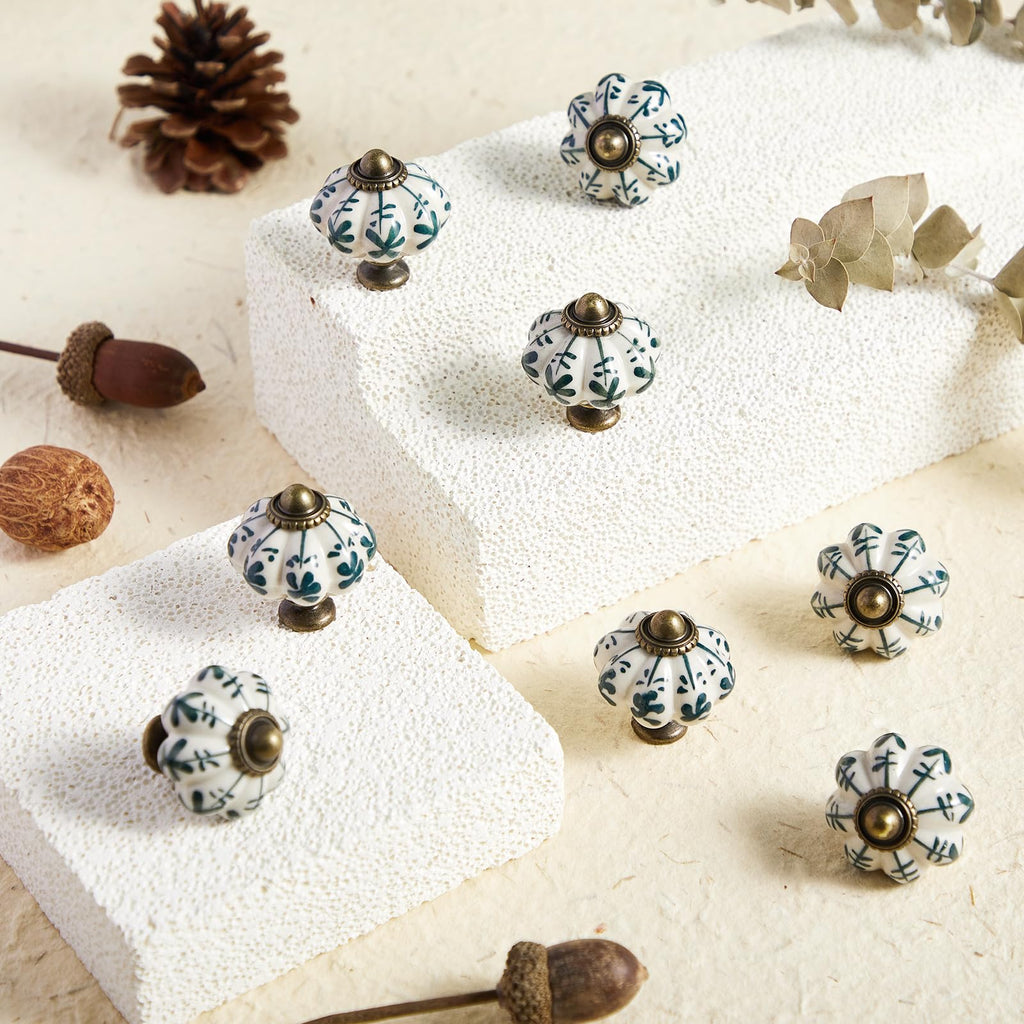 30 Pcs Ivory Pumpkin Knobs, Vintage Cabinet Knobs, Green Floral