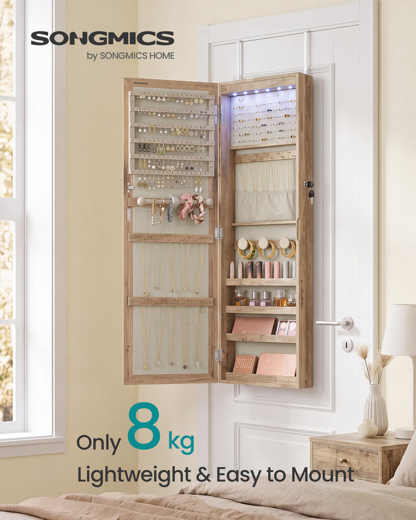 Jewelry Cabinet, Wall or Door Mounted Armoire, 6 LED Lights