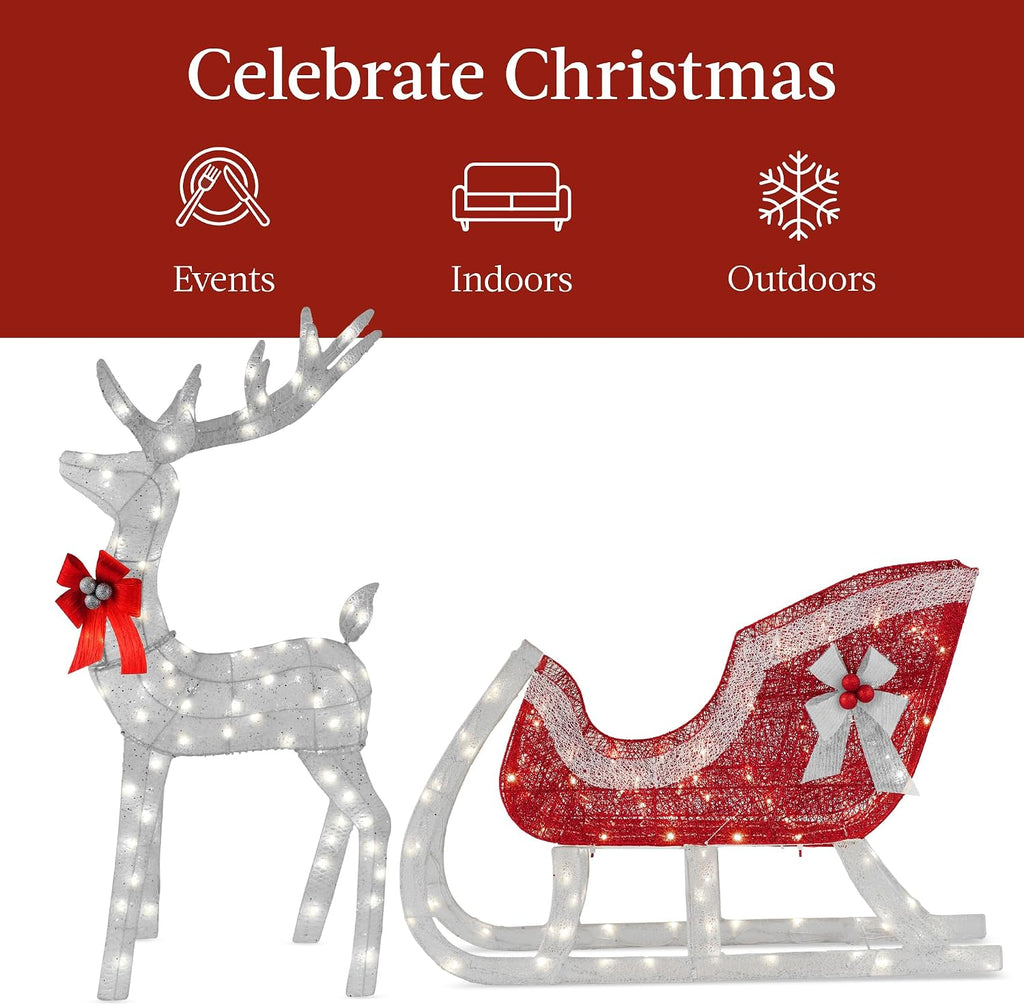 Lighted Christmas 4ft Reindeer & Sleigh Holiday Outdoor Yard Decoration Set w/ 205 LED Lights, Stakes, Zip Ties