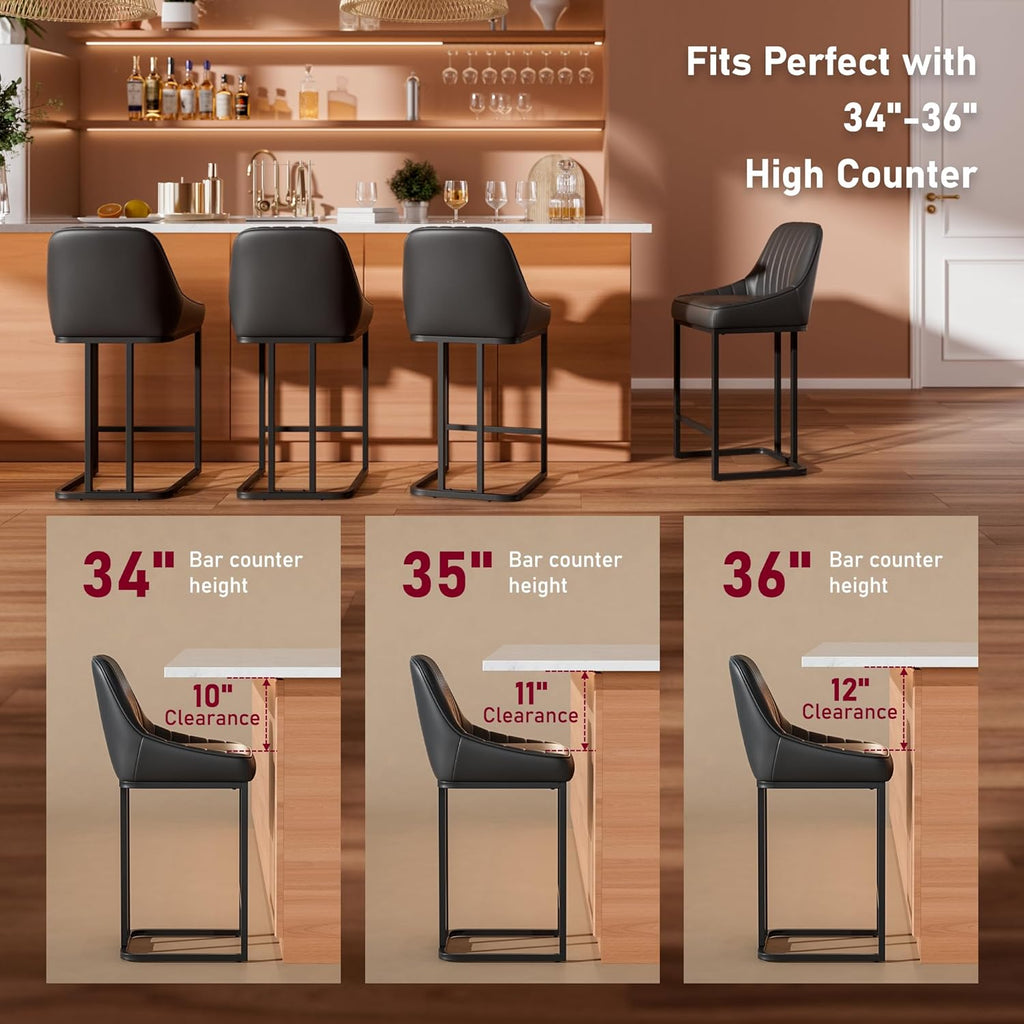 Bar Stools Set of 4, 24" Black Leather Counter Height Bar Stools | Bar Stools with Exquisite Stitching Back, 300lbs