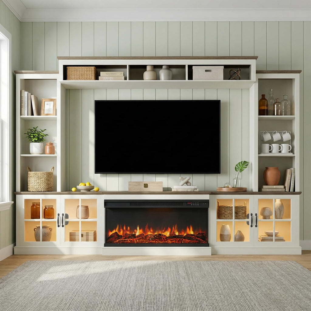 White Farmhouse TV Stand with Fireplace, Entertainment Center, 98" Wall Unit Media Console with Bookshelf, Cabinet &
