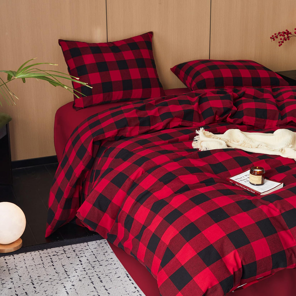 Gingham Cotton Duvet Cover Set, Plaid Buffalo Check Checkered Farmhouse, 100% Washed Cotton Textured Bedding Set, 3