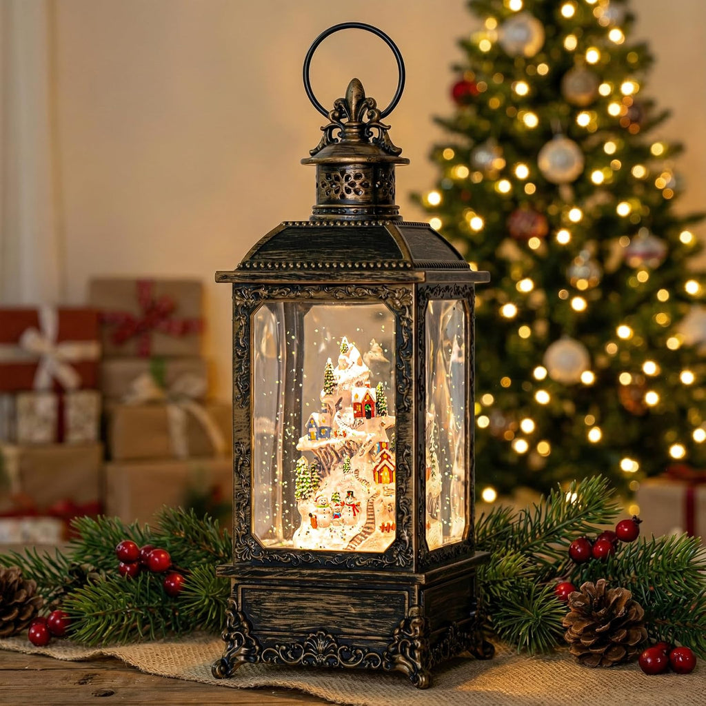 Christmas Snow Globe Lantern Water Glittering Snow Mountain Village with Music & Timer, USB Lined/Battery Operated